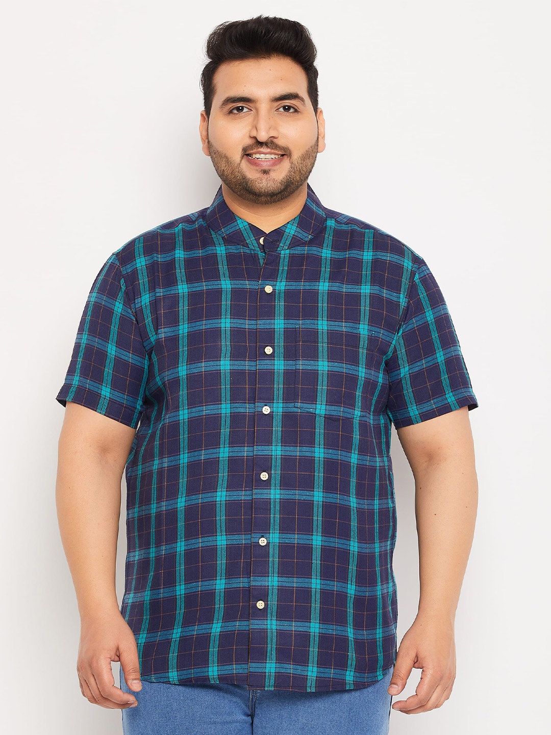 

bigbanana Tartan Checked Spread Collar Cotton Casual Shirt, Navy blue