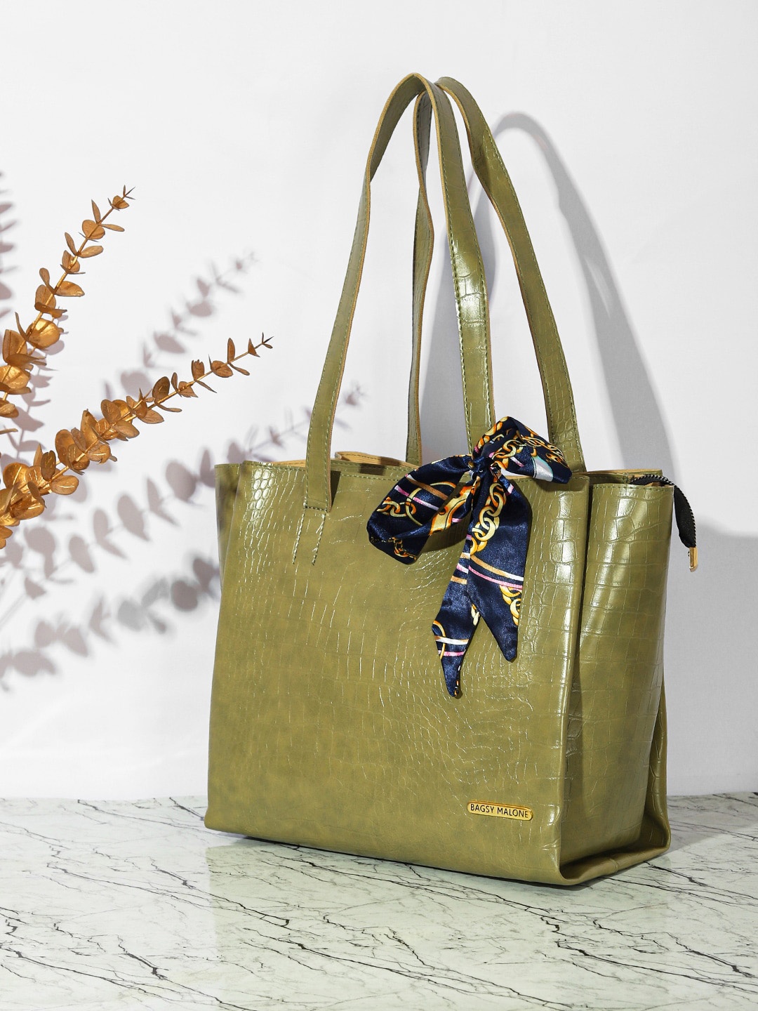 Bagsy Malone Textured Structured Tote Bag WIth Scarf, Sea green