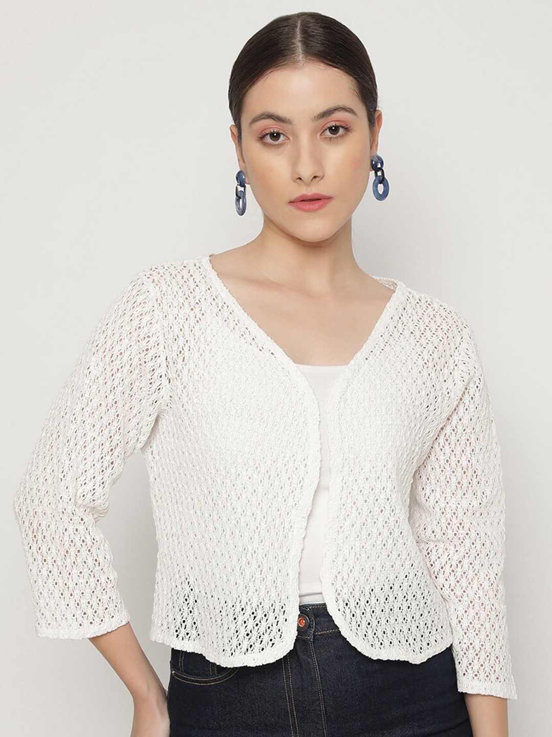 

UnaOne Women Self Design Lace Open Front Cotton Crop Shrug, Off white
