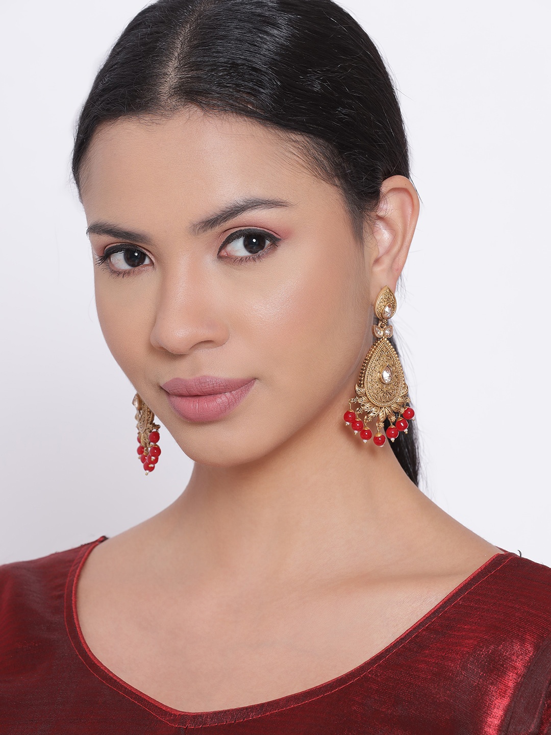 

Anouk Brass-Plated & Maroon Kundan-Studded Classic Drop Earrings, Gold