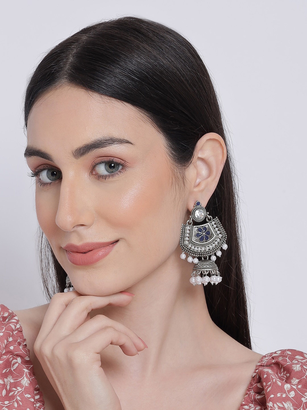 

Anouk Blue Silver-Plated Dome Shaped Jhumkas