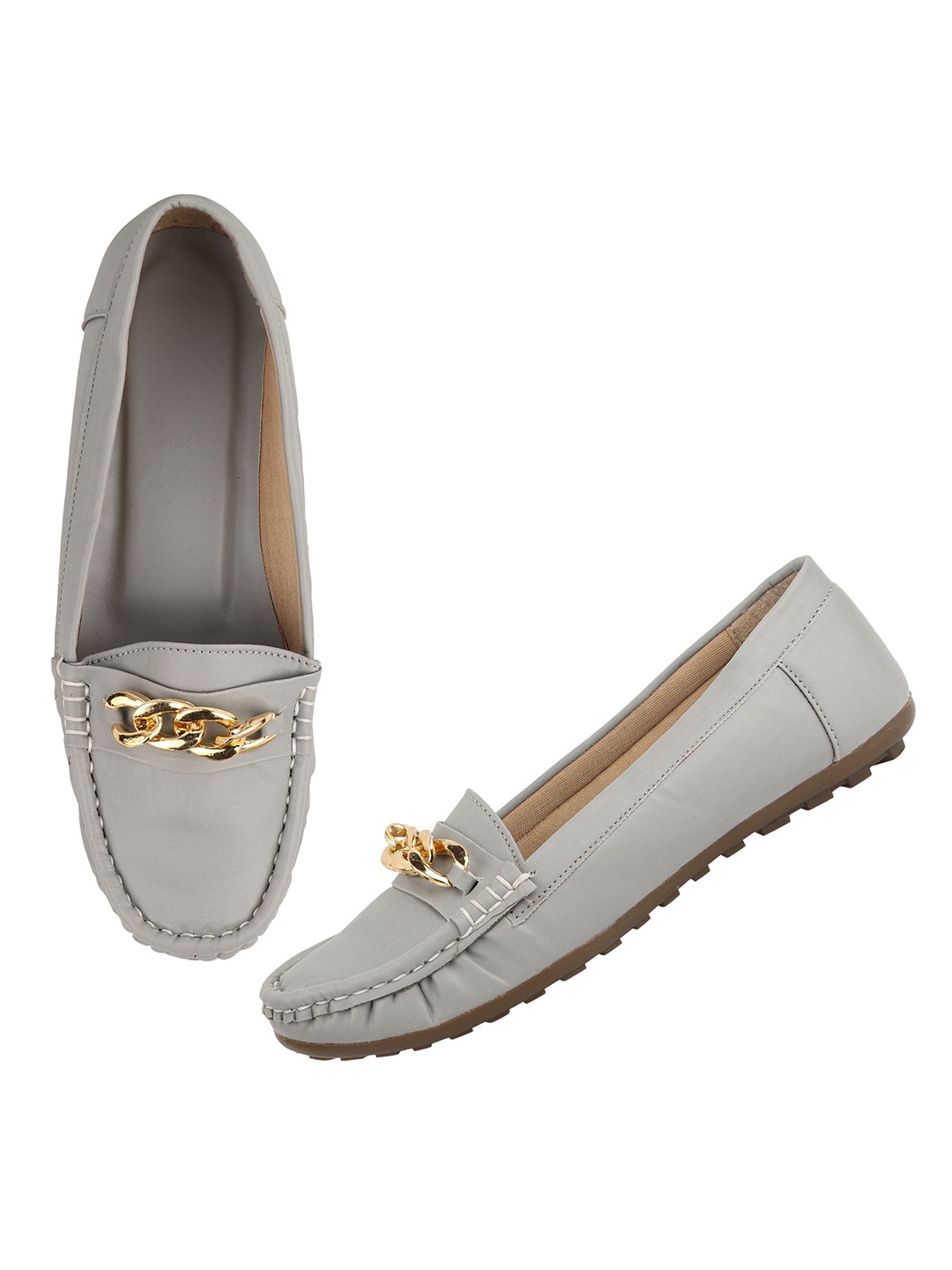 

PERY PAO Women Round Toe Embellished Horsebit Loafers, Grey