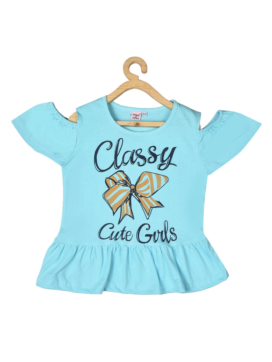 

POMY & JINNY Girls Typography Printed Cold-Shoulder Cotton Top, Turquoise blue