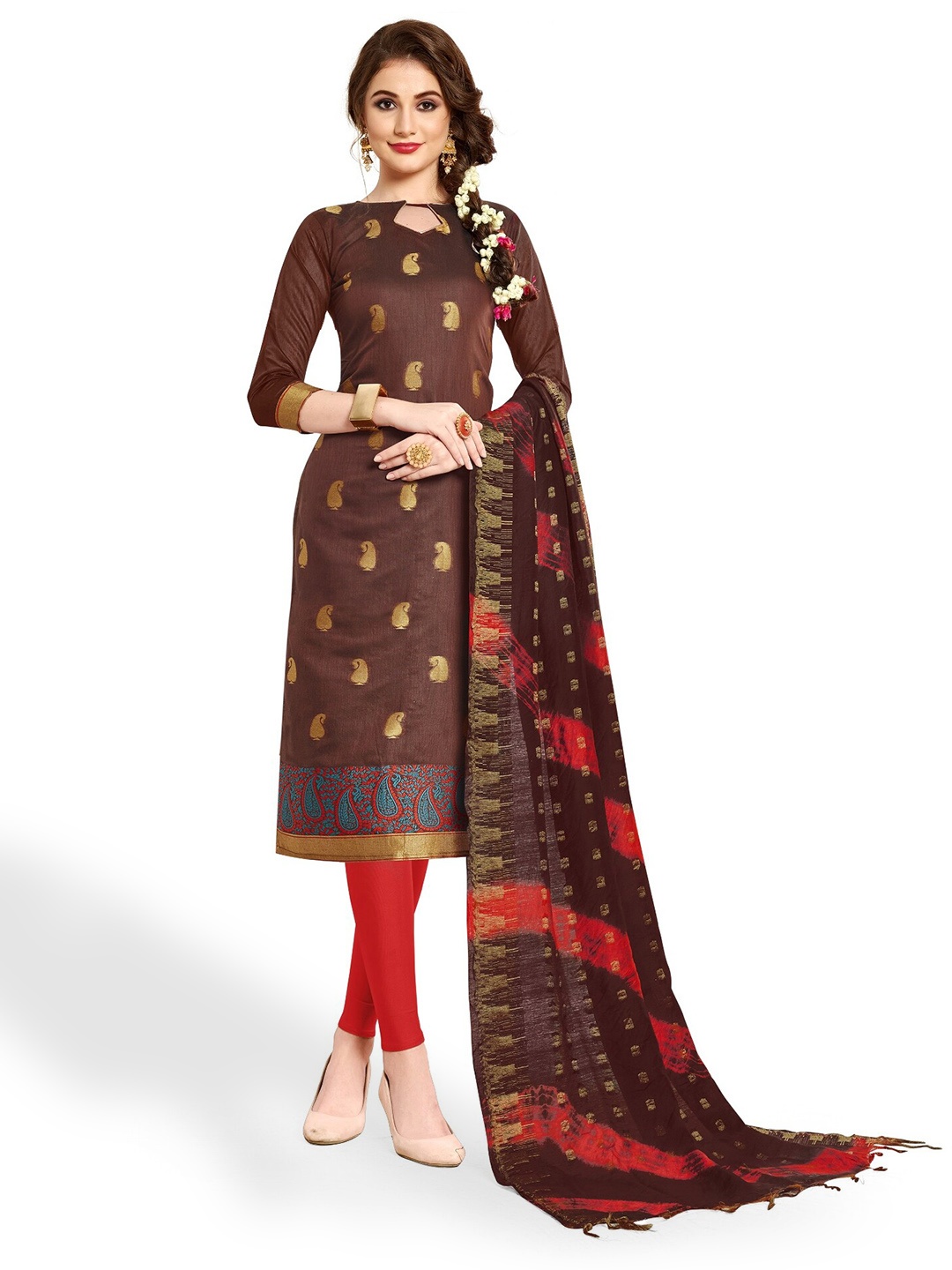 

APNISHA Paisley Woven Design Zari Unstitched Dress Material, Brown