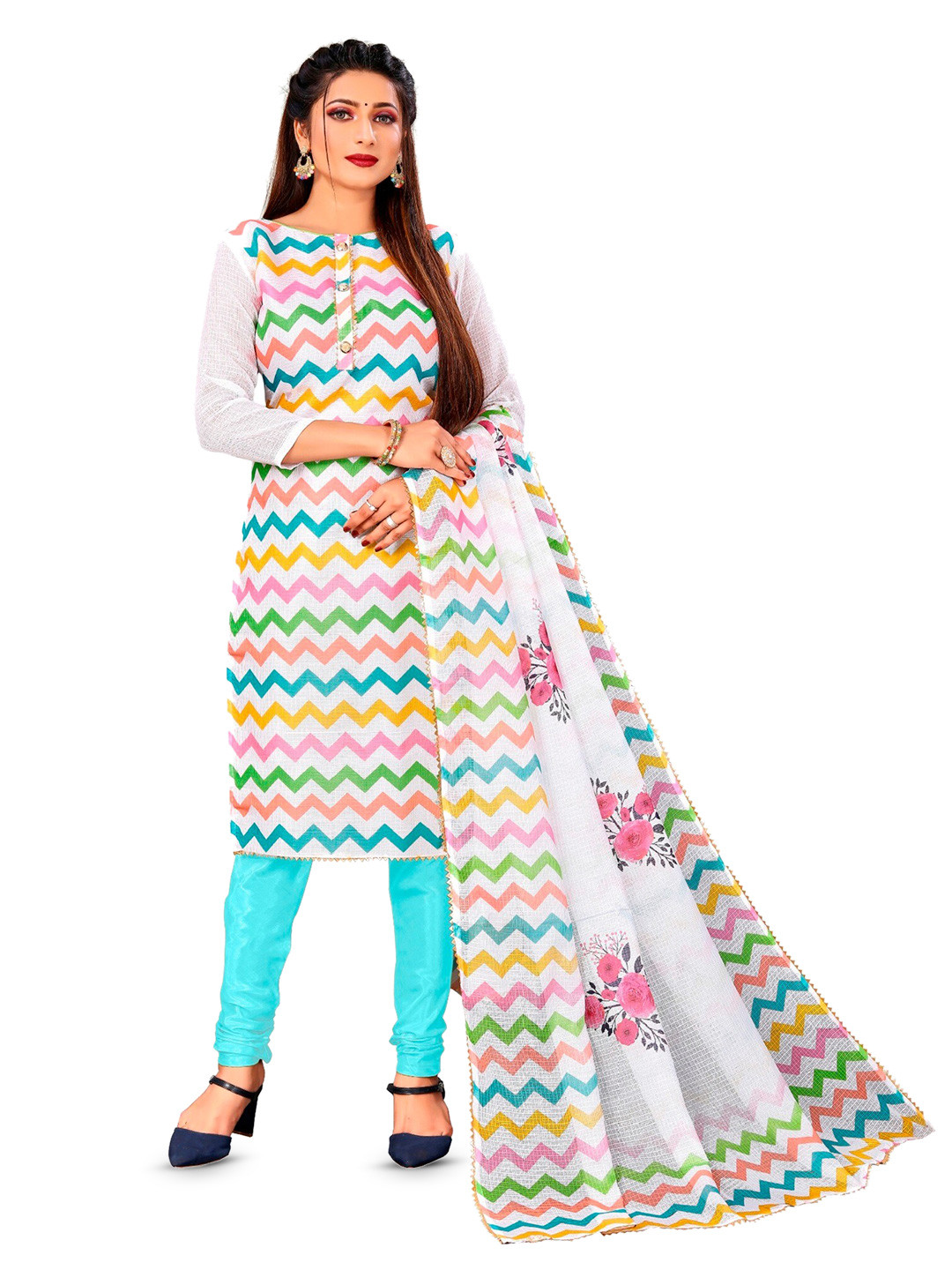 

APNISHA Chevron Printed Unstitched Dress Material, White