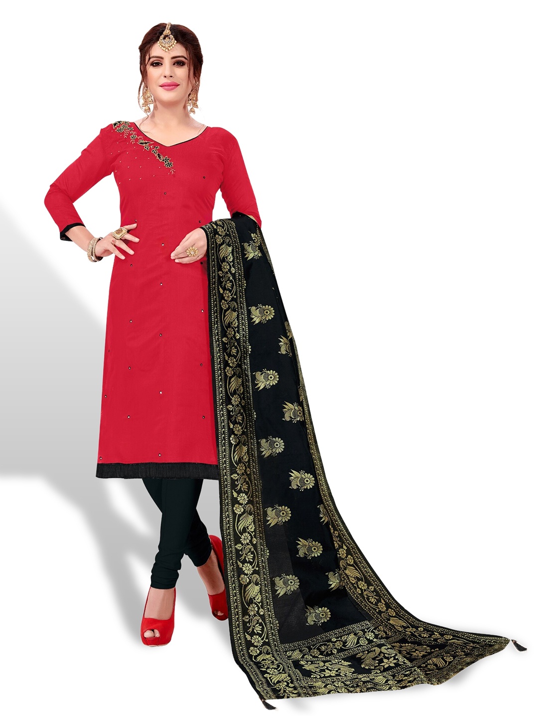 

APNISHA Floral Embroidered Unstitched Dress Material, Red