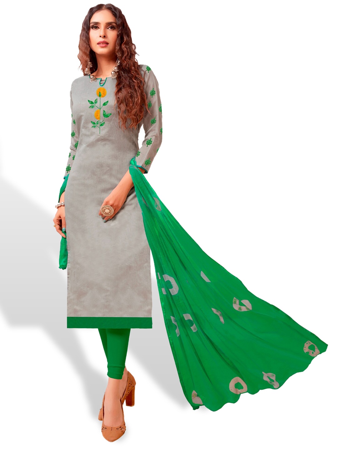

APNISHA Floral Embroidered Unstitched Dress Material, Grey
