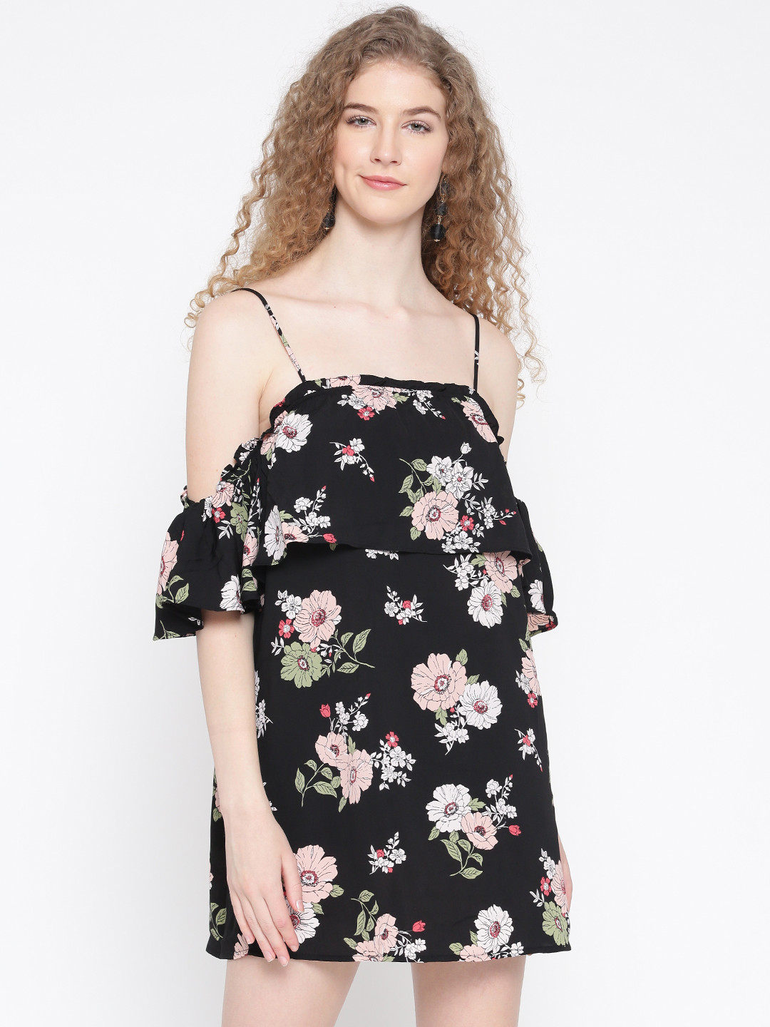 

FOREVER 21 Women Black & Pink Printed A-Line Dress