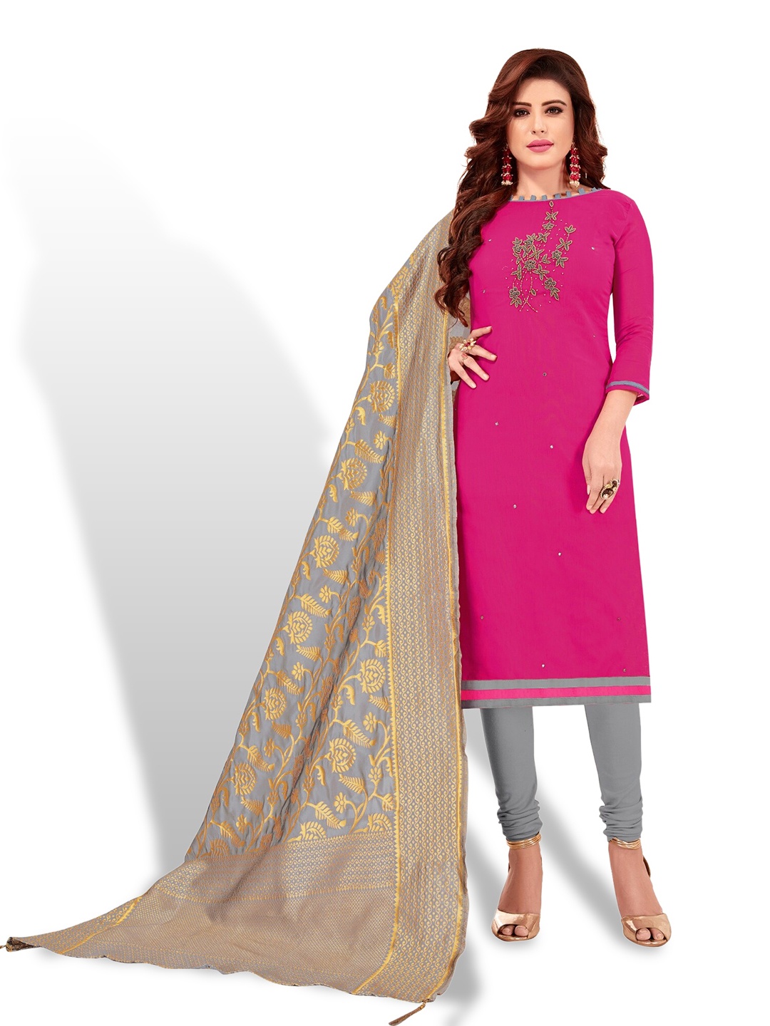 

APNISHA Embroidered Pure Cotton Unstitched Dress Material, Magenta