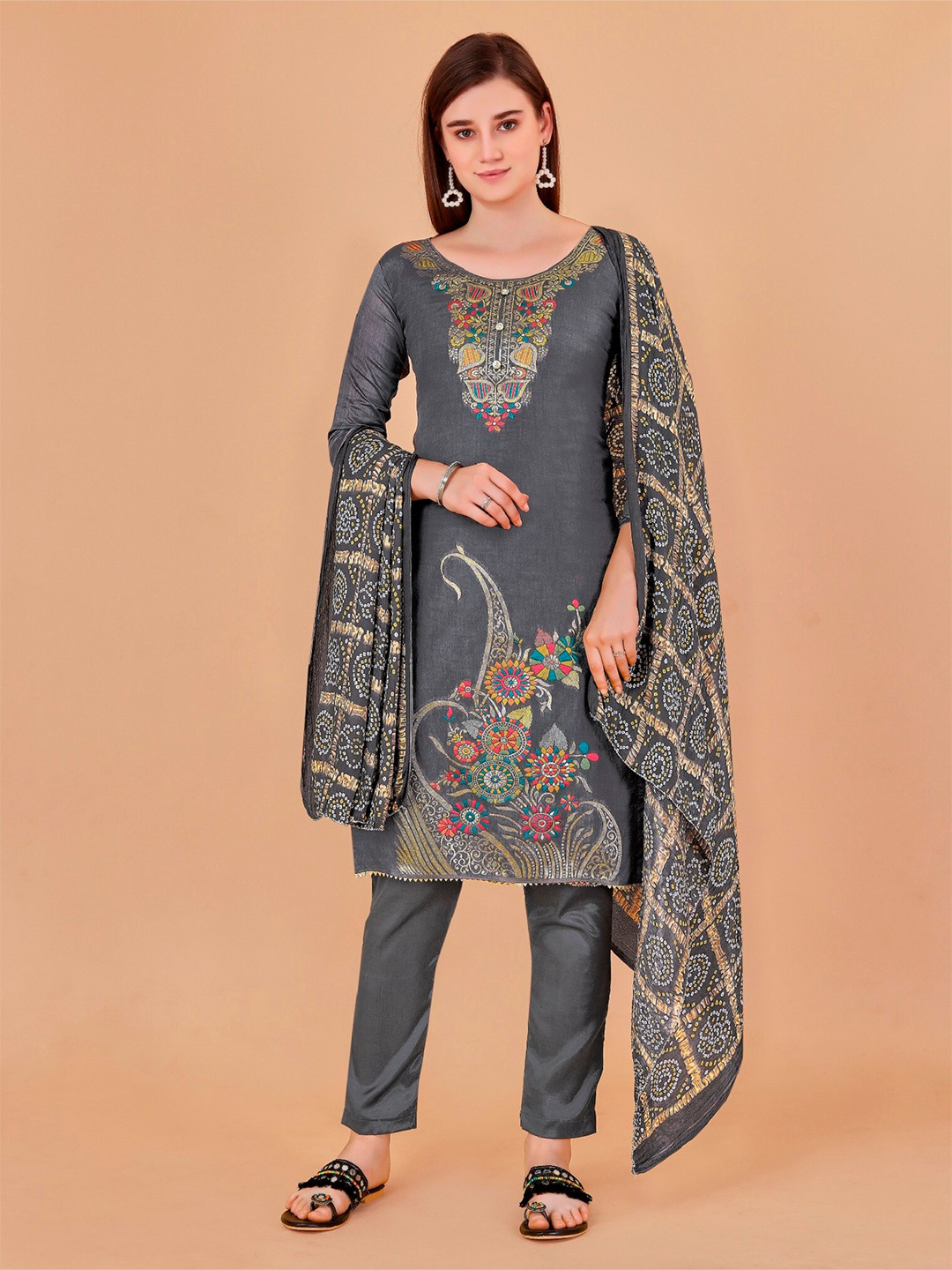 

APNISHA Ethnic Motifs Embroidered Pure Cotton Unstitched Dress Material, Grey