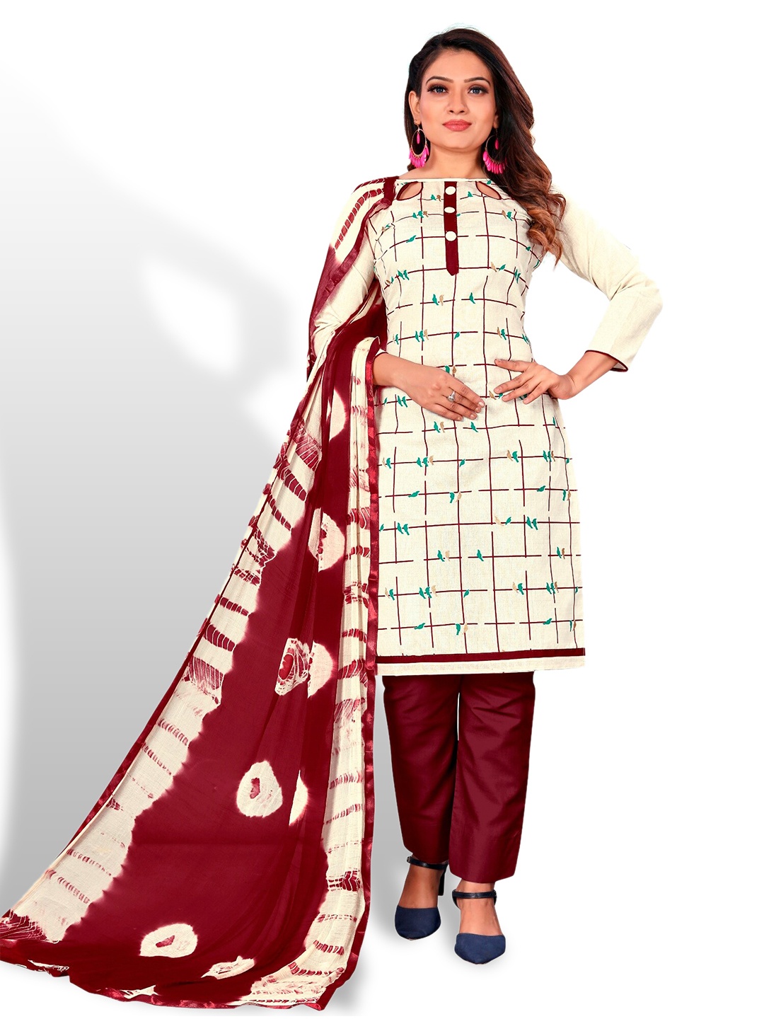 

APNISHA Checked Printed Unstitched Dress Material, White