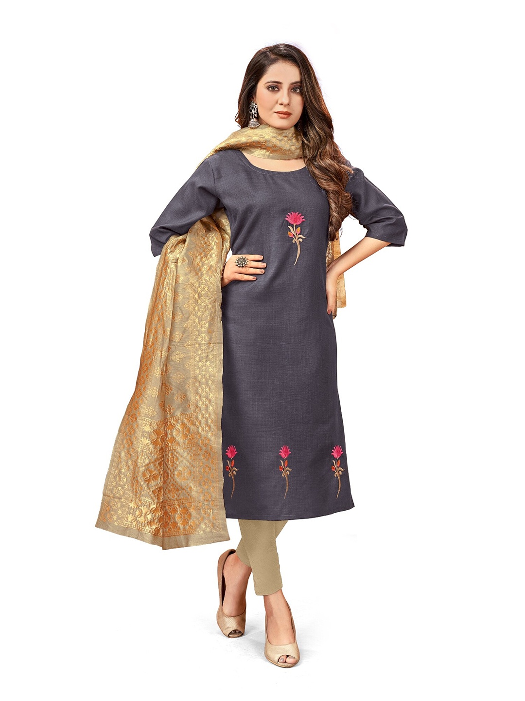 

APNISHA Floral Embroidered Unstitched Dress Material, Grey
