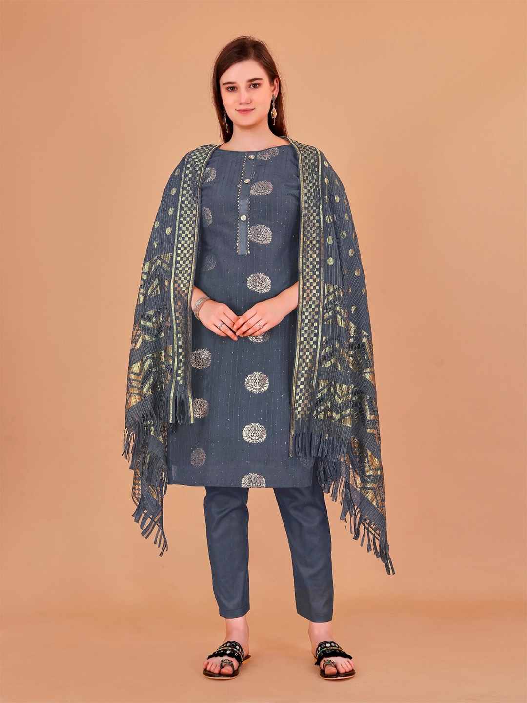 

APNISHA Ethnic Motifs Embroidered Sequined Unstitched Dress Material, Grey
