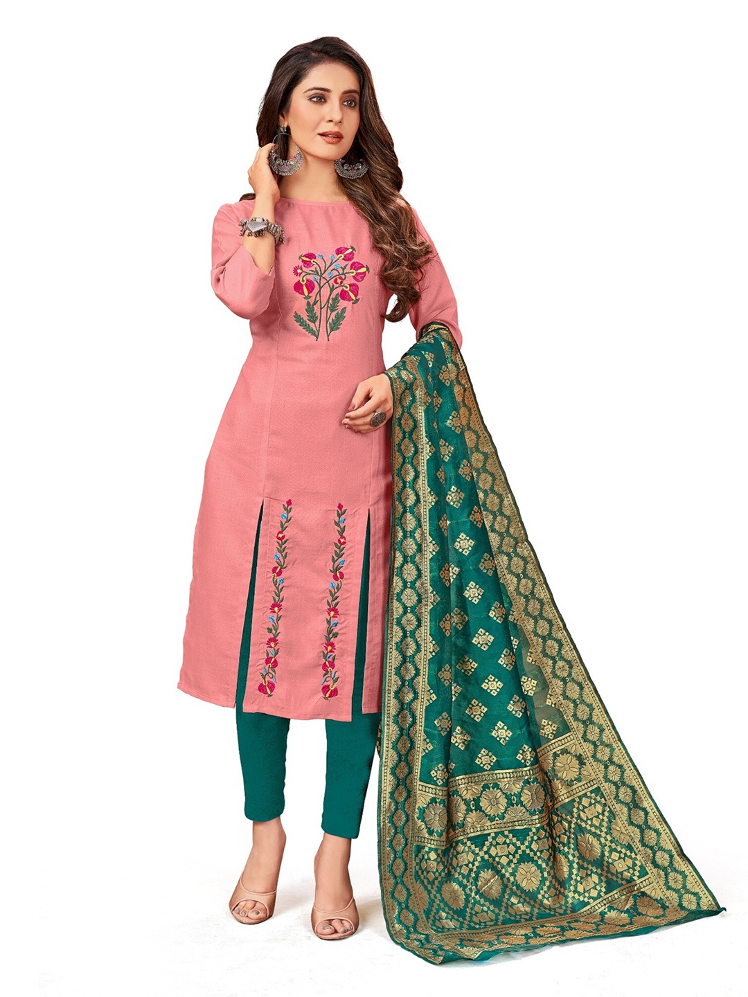 

APNISHA Floral Embroidered Unstitched Dress Material, Pink
