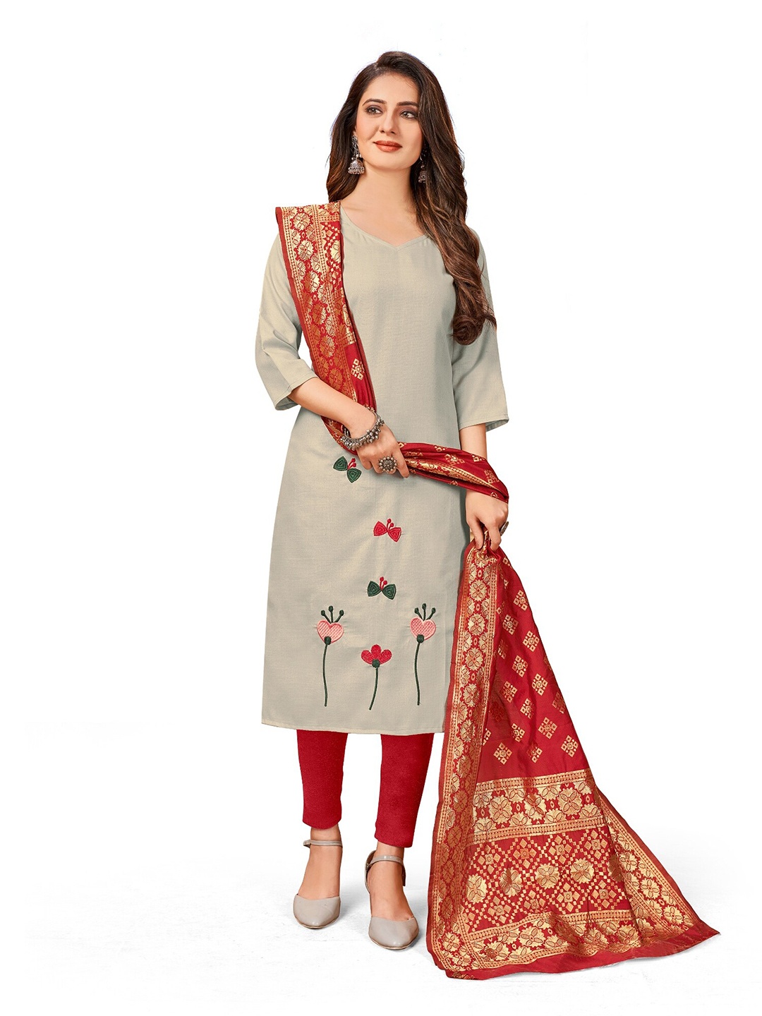 

APNISHA Floral Embroidered Unstitched Dress Material, Beige