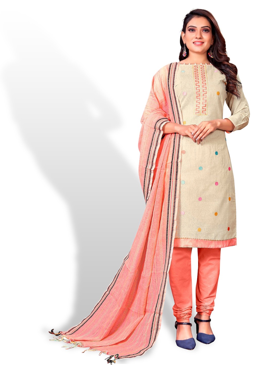 

APNISHA Embroidered Pure Cotton Unstitched Dress Material, Peach