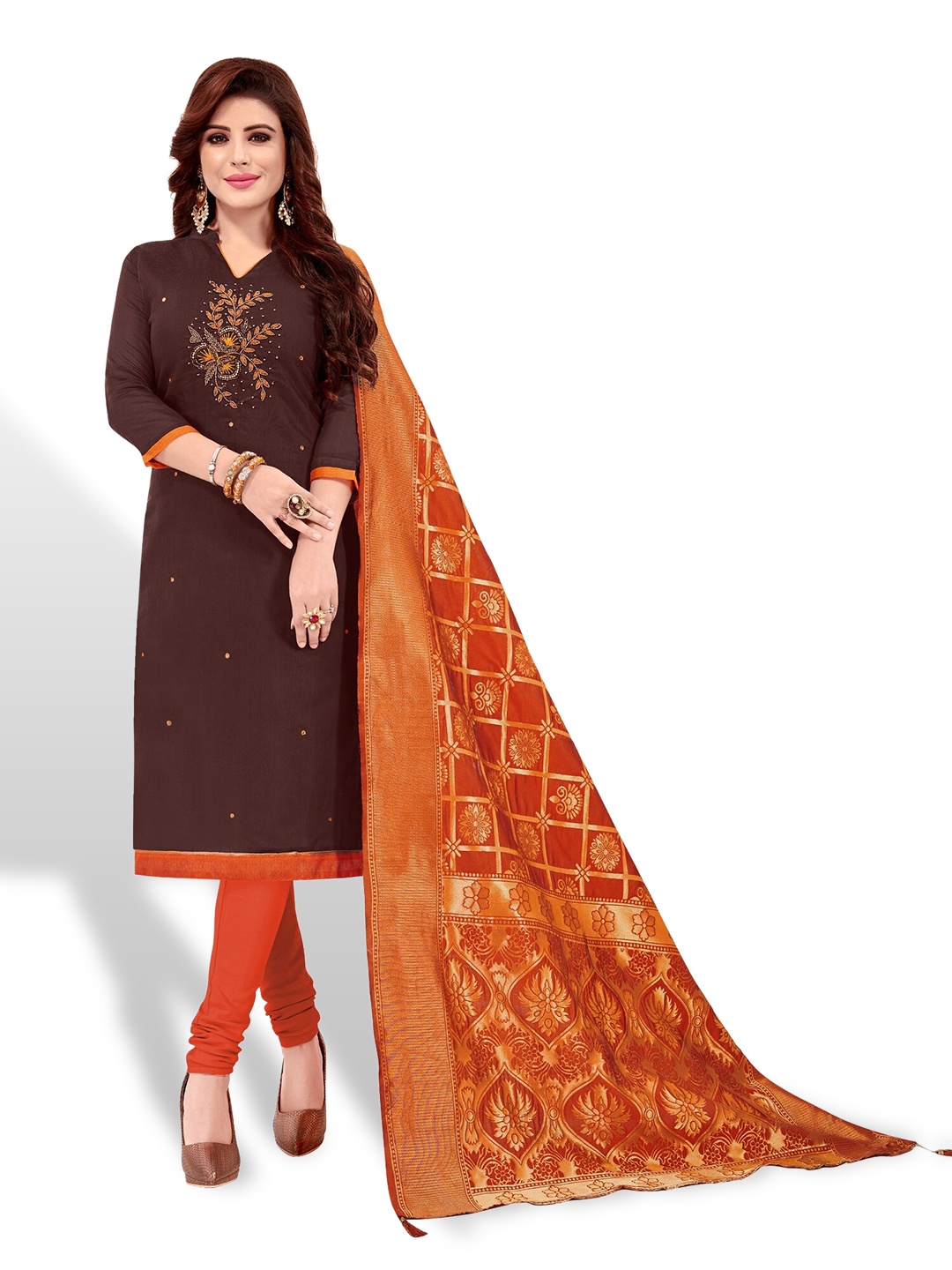 

APNISHA Embroidered Pure Cotton Unstitched Dress Material, Coffee brown