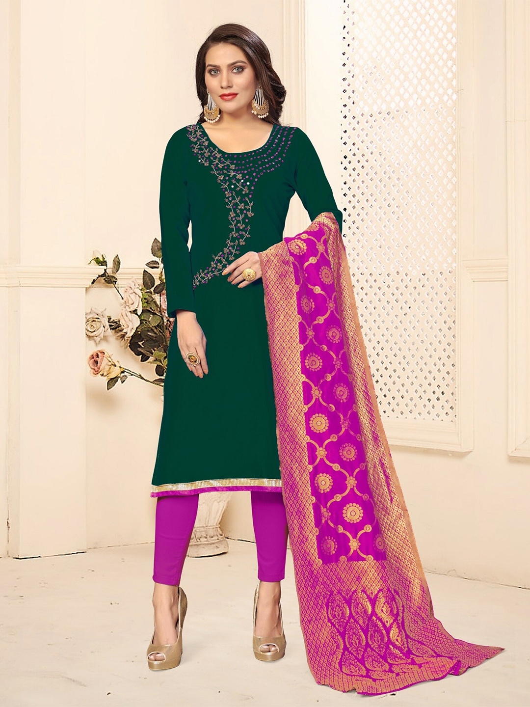 

APNISHA Embroidered Pure Cotton Unstitched Dress Material, Teal
