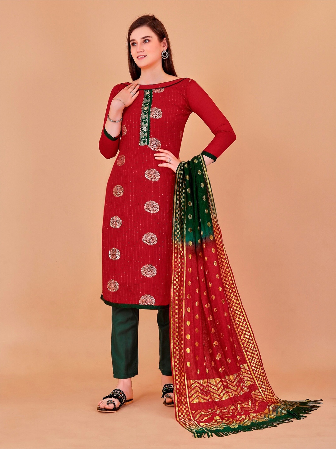 

APNISHA Ethnic Motifs Woven Design Unstitched Dress Material, Red