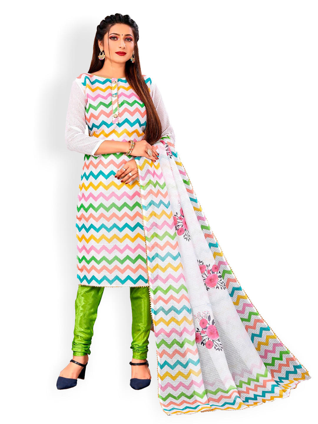 

APNISHA Chevron Printed Unstitched Dress Material, White