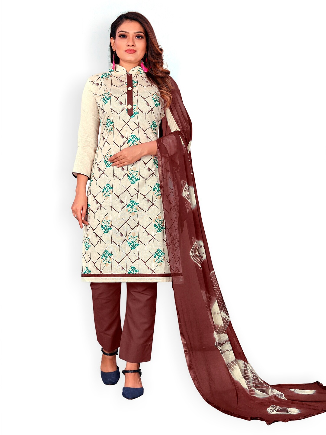 

APNISHA Floral Printed Pure Cotton Unstitched Dress Material, Brown