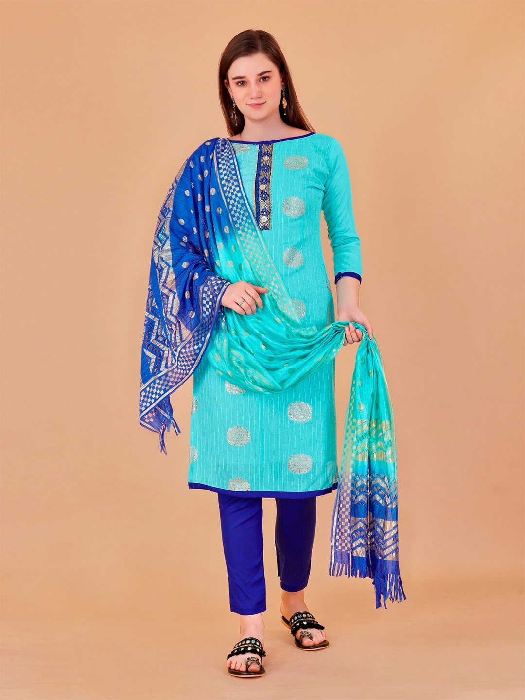 

APNISHA Floral Embroidered Pure Cotton Unstitched Dress Material, Blue