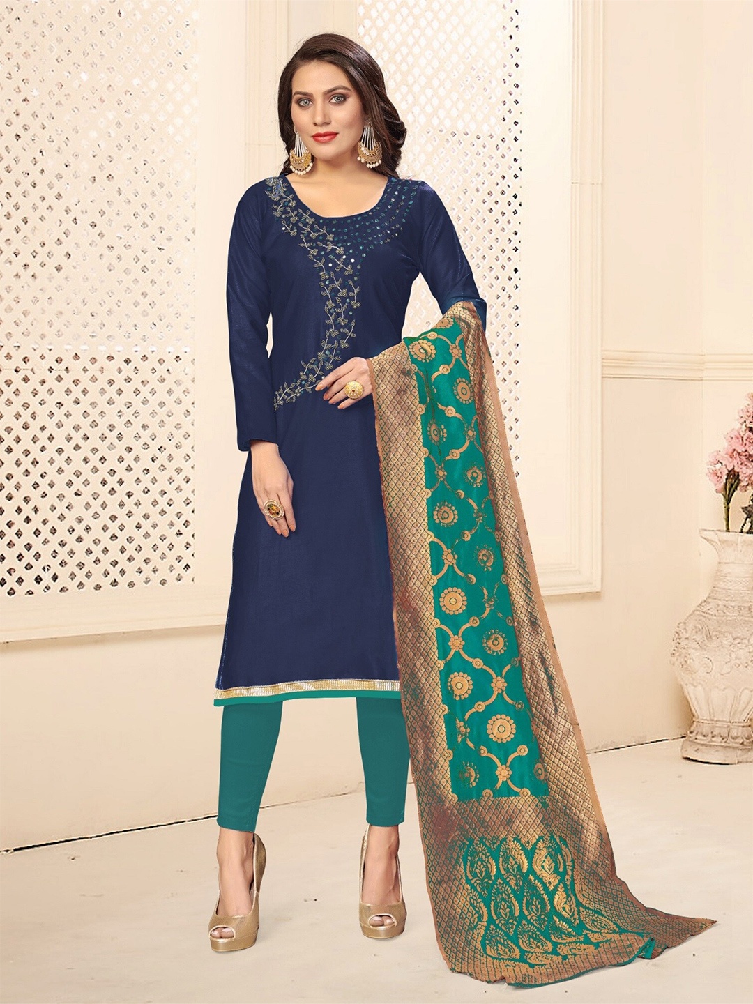 

APNISHA Floral Embroidered Pure Cotton Unstitched Dress Material, Black