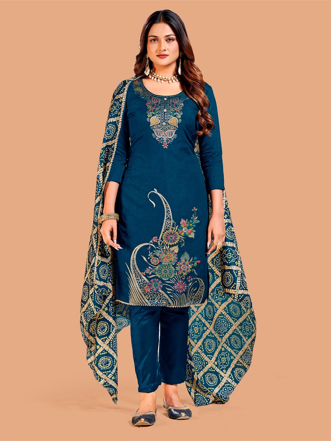 

APNISHA Pasisly Embroidered Zari Unstitched Dress Material, Turquoise blue