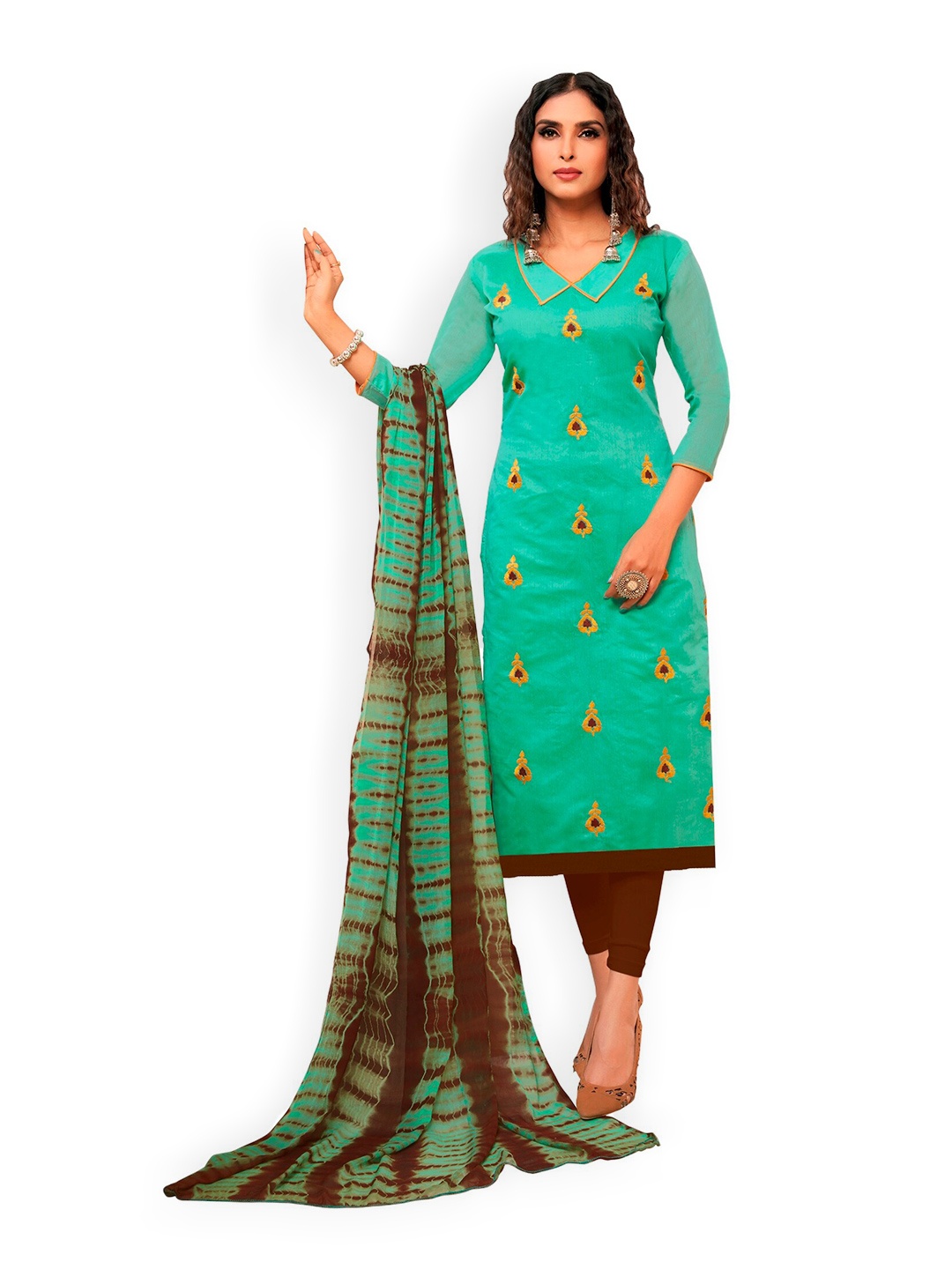 

APNISHA Ethnic Motif Embroidered Unstitched Dress Material, Sea green