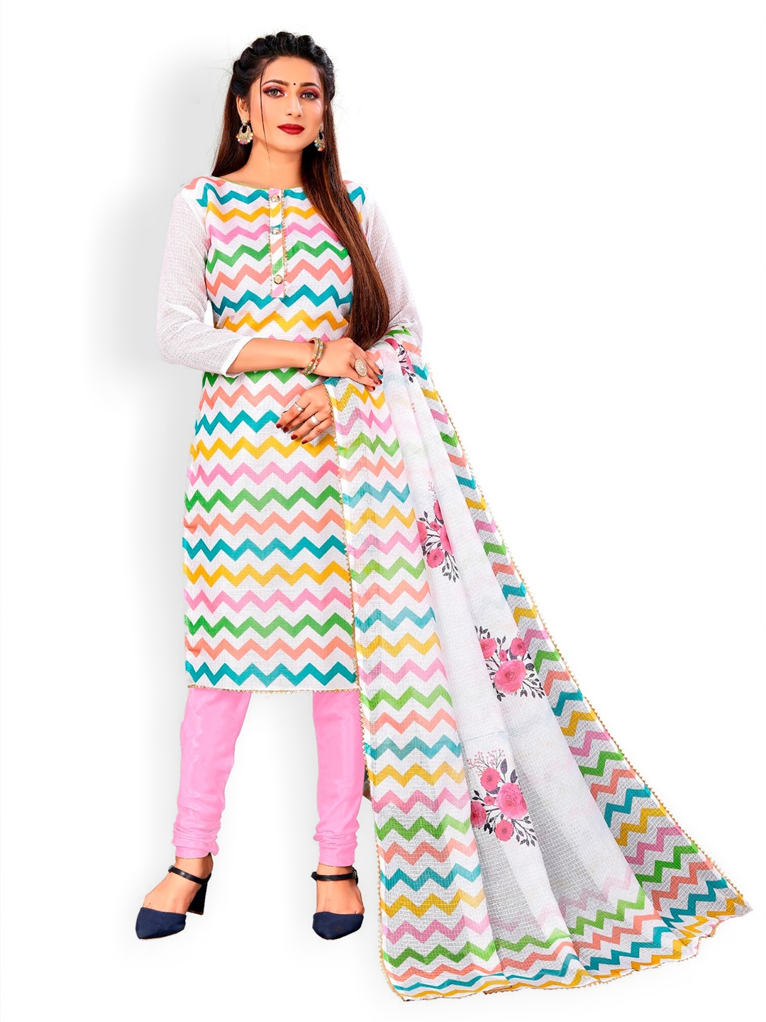 

APNISHA Chevron Printed Unstitched Dress Material, White