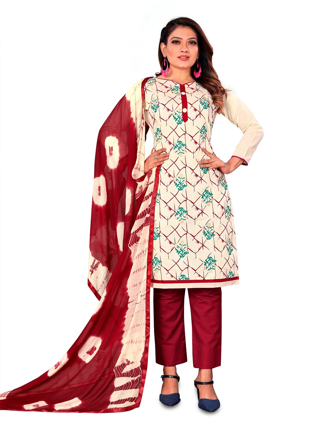 

APNISHA Floral Embroidered Unstitched Dress Material, Maroon