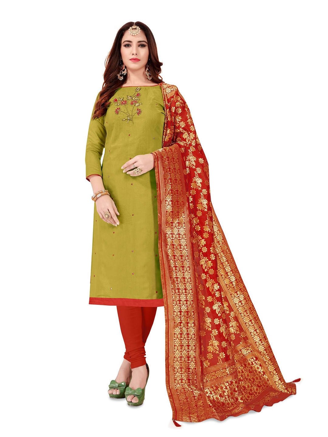 

APNISHA Embroidered Pure Cotton Unstitched Dress Material, Olive