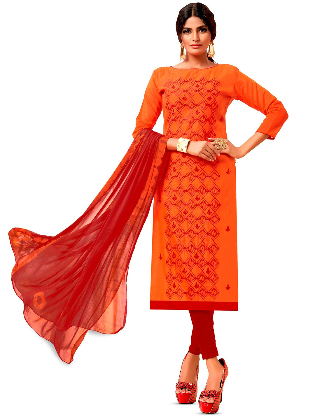 

APNISHA Grmotrical Embroidered Unstitched Dress Material, Orange