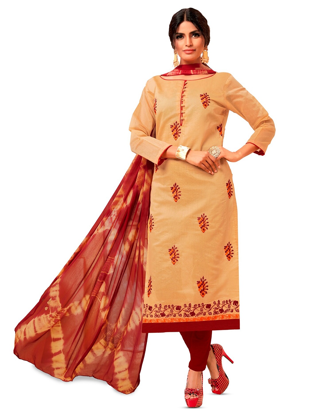 

APNISHA Embroidered Pure Silk Unstitched Dress Material, Beige