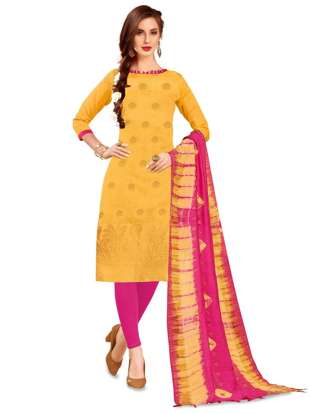 

APNISHA Floral Printed Unstitched Dress Material, Yellow
