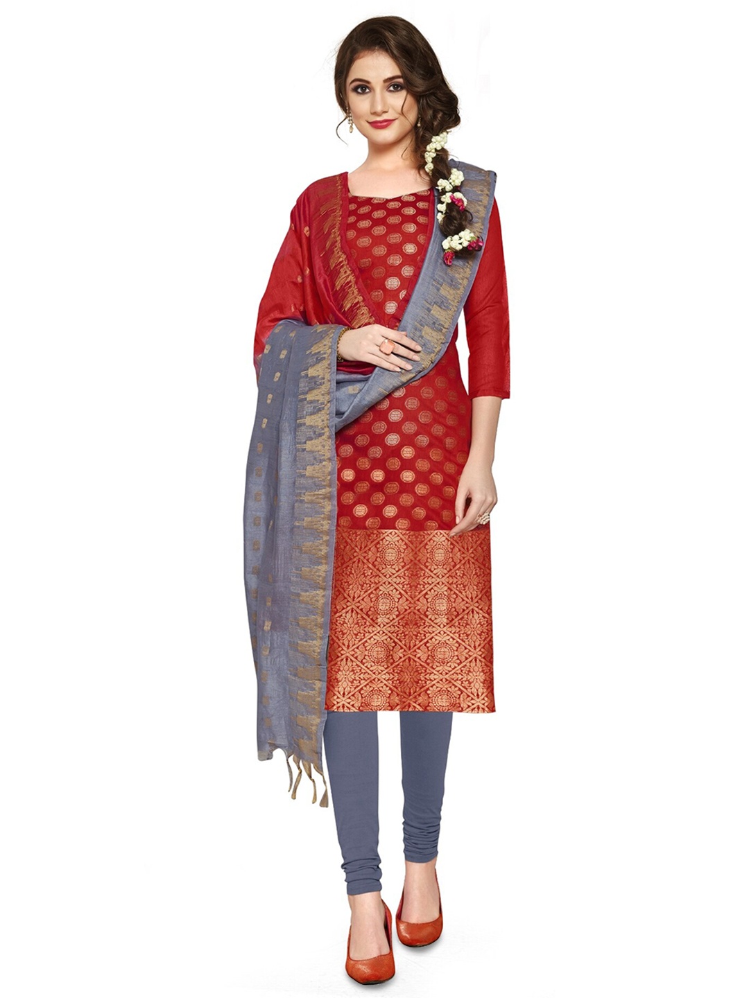 

APNISHA Ethnic Motifs Woven Design Unstitched Dress Material, Red