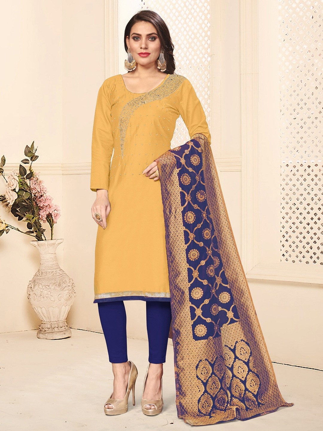 

APNISHA Embroidered Pure Cotton Unstitched Dress Material, Mustard