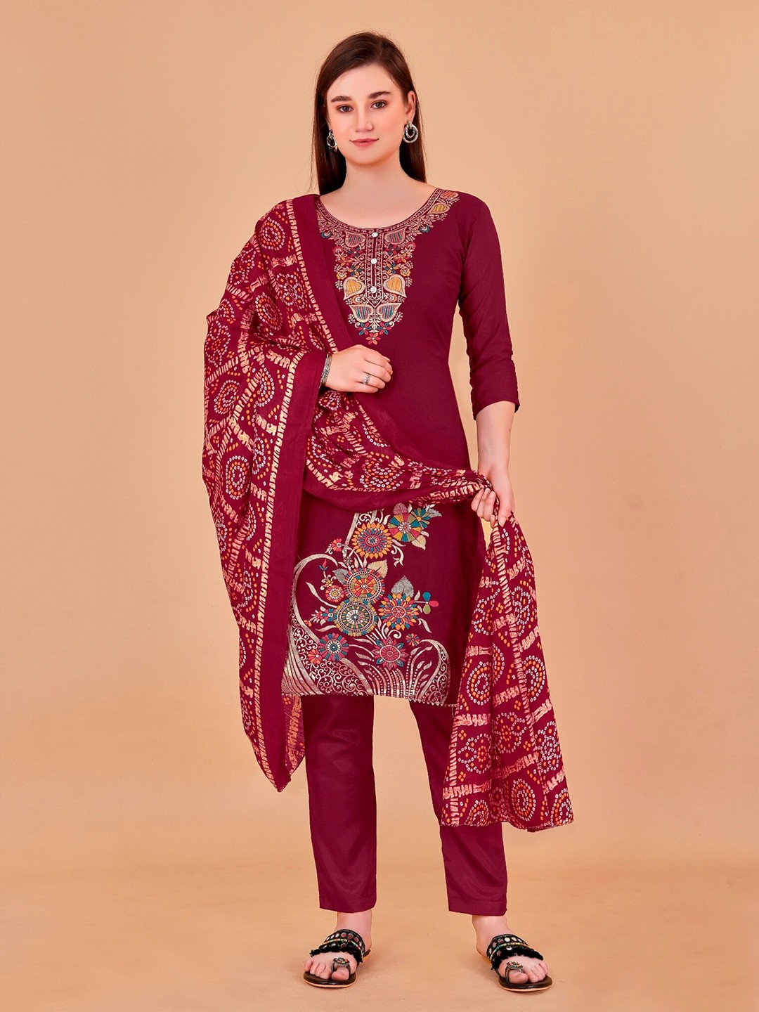 

APNISHA Embroidered Pure Cotton Unstitched Dress Material, Maroon