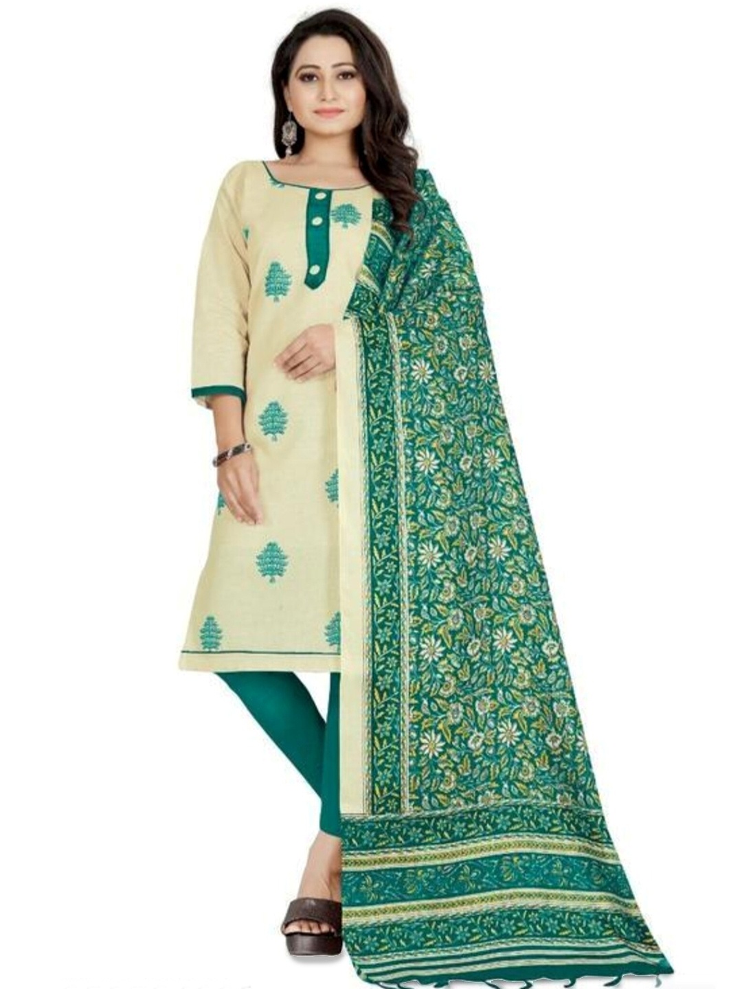 

APNISHA Floral Embroidered Unstitched Dress Material, Green