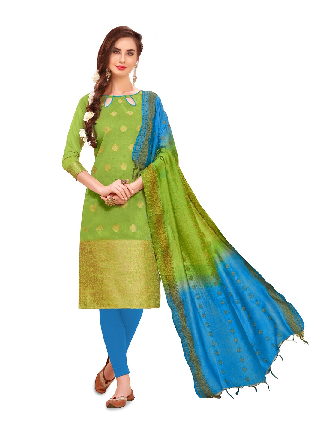 

APNISHA Ethnics Motifs Woven Design Unstitched Dress Material, Green