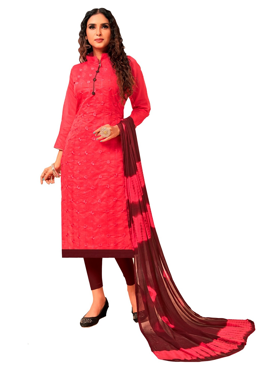 

APNISHA Embroidered Pure Silk Unstitched Dress Material, Red