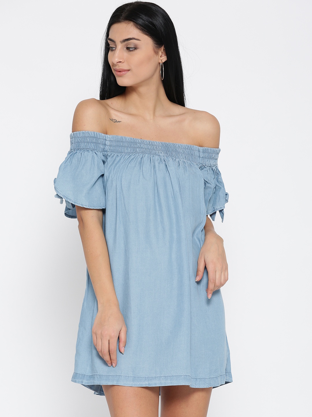 

FOREVER 21 Women Blue Denim Off-Shoulder A-Line Dress