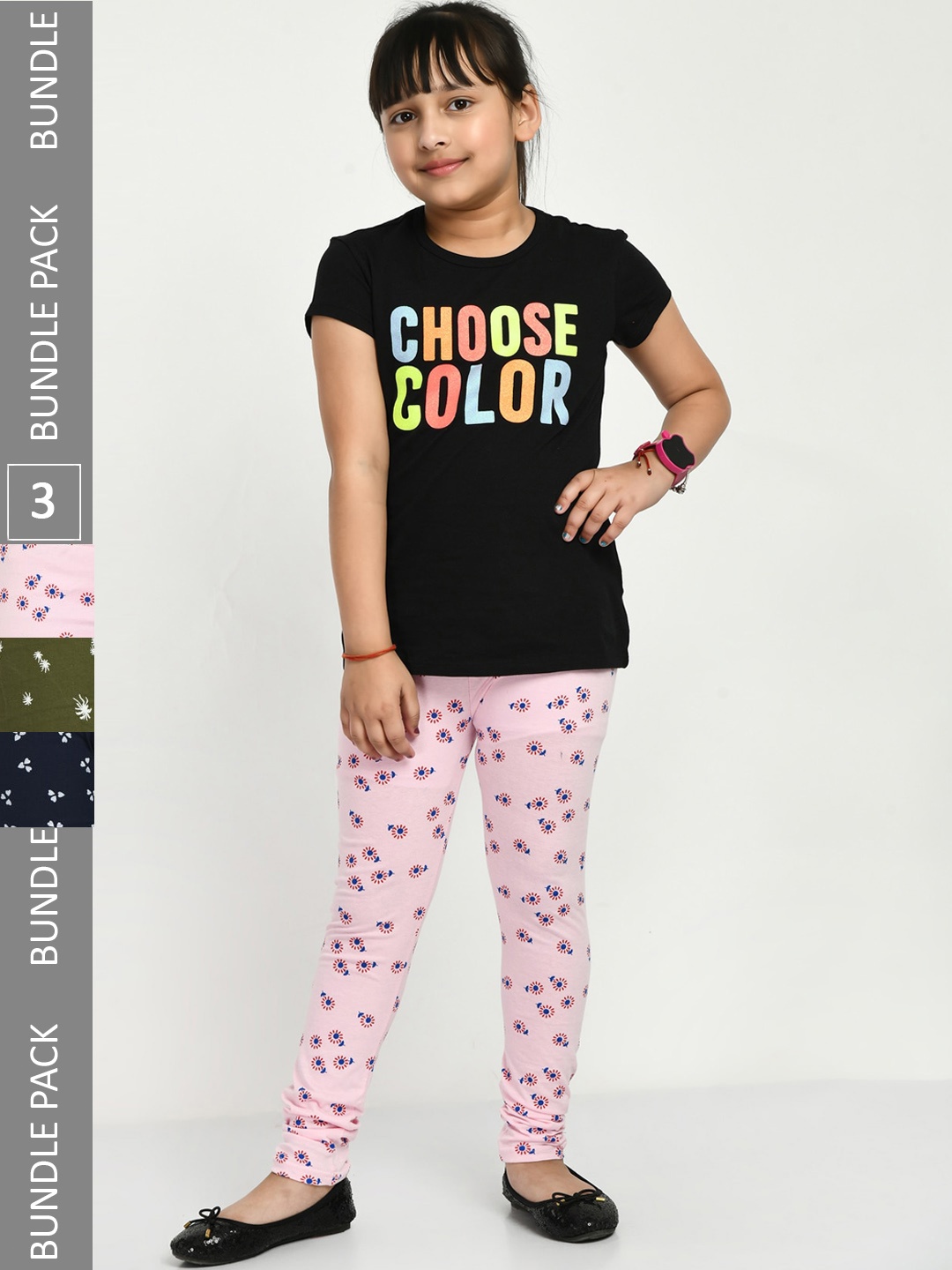 

IndiWeaves Girls Pack Of 3 Printed Cotton Ankle Length Leggings, Pink