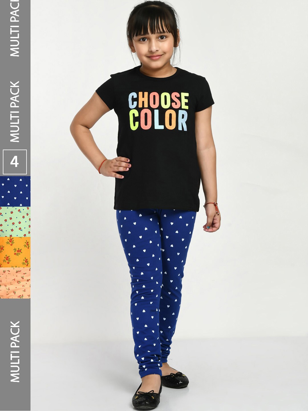 

IndiWeaves Girls Pack Of 4 Printed Churidar-Length Cotton Leggings, Green