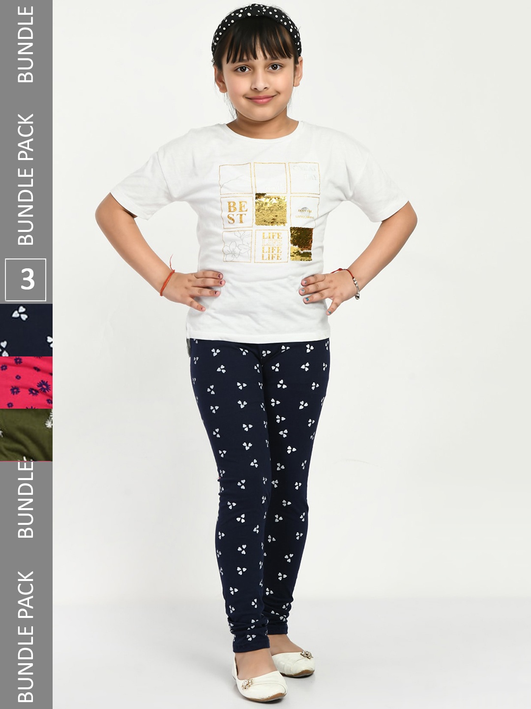 

IndiWeaves Girls Pack Of 3 Printed Churidar-Length Cotton Leggings, Olive