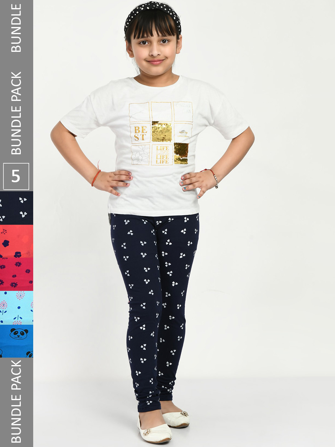 

IndiWeaves Girls Pack Of 5 Printed Cotton Churidar Length Leggings, Navy blue