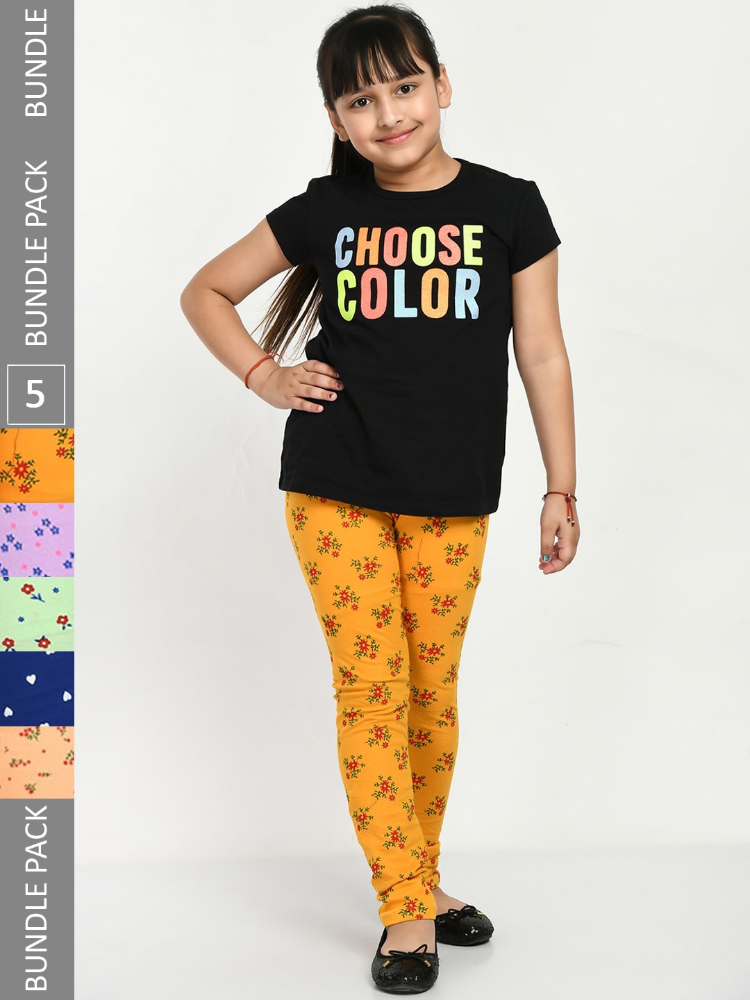 

IndiWeaves Girls Pack Of 5 Printed Churidar-Length Cotton Leggings, Blue