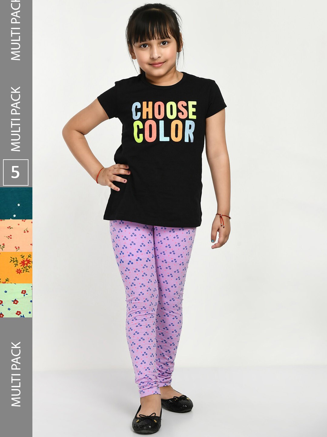 

IndiWeaves Girls Pack Of 5 Printed Cotton Ankle Length Leggings, Lavender