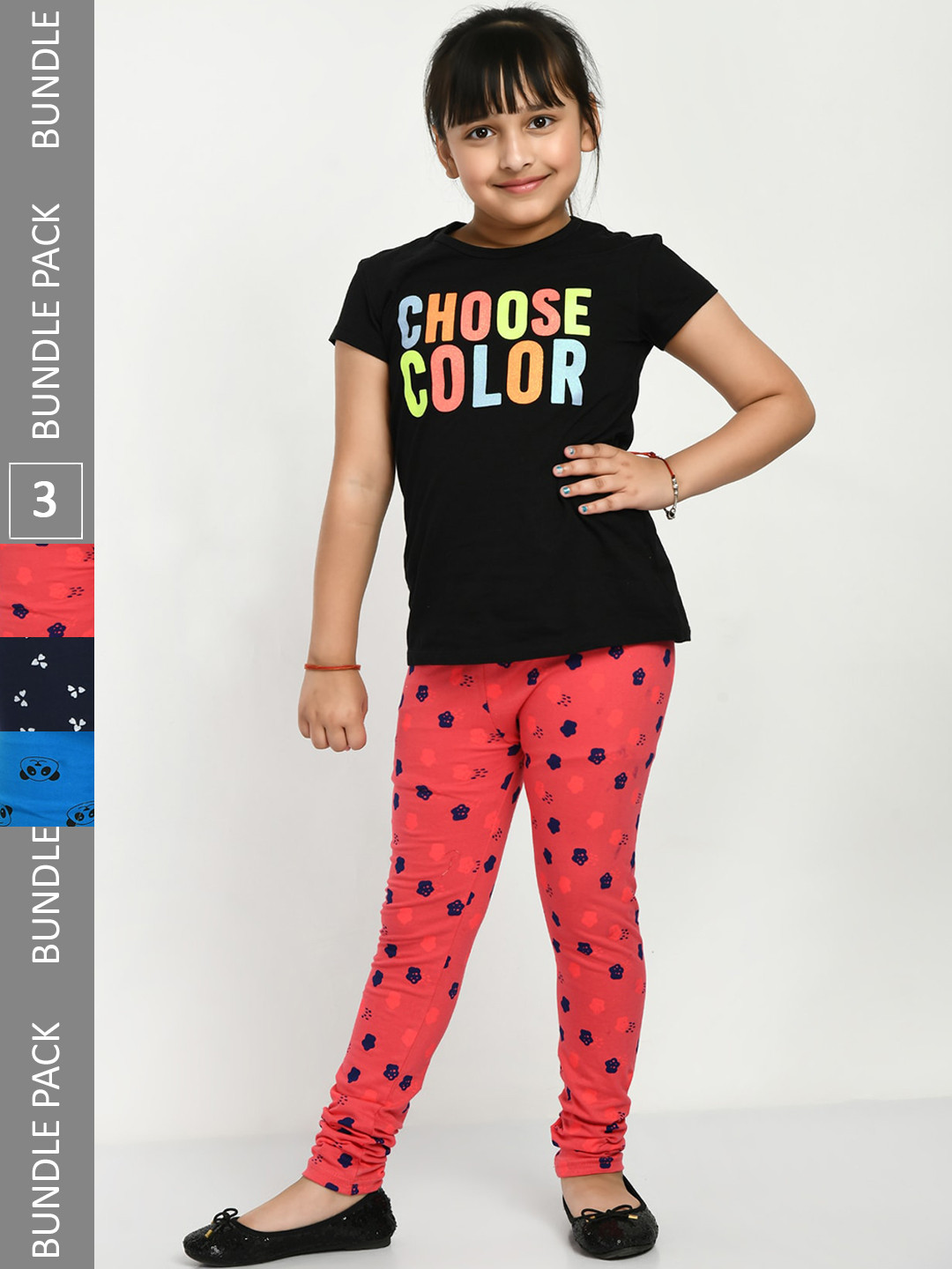 

IndiWeaves Girls Pack Of 3 Conversational Printed Cotton Ankle Length Leggings, Navy blue