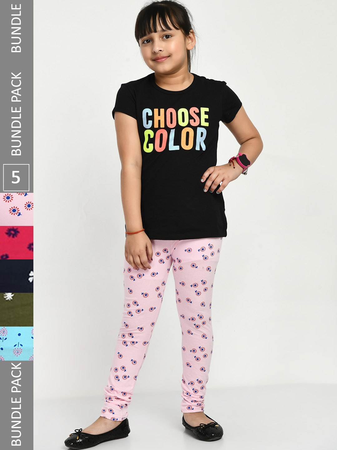 

IndiWeaves Girls Pack Of 5 Printed Cotton Churidar Length Leggings, Navy blue